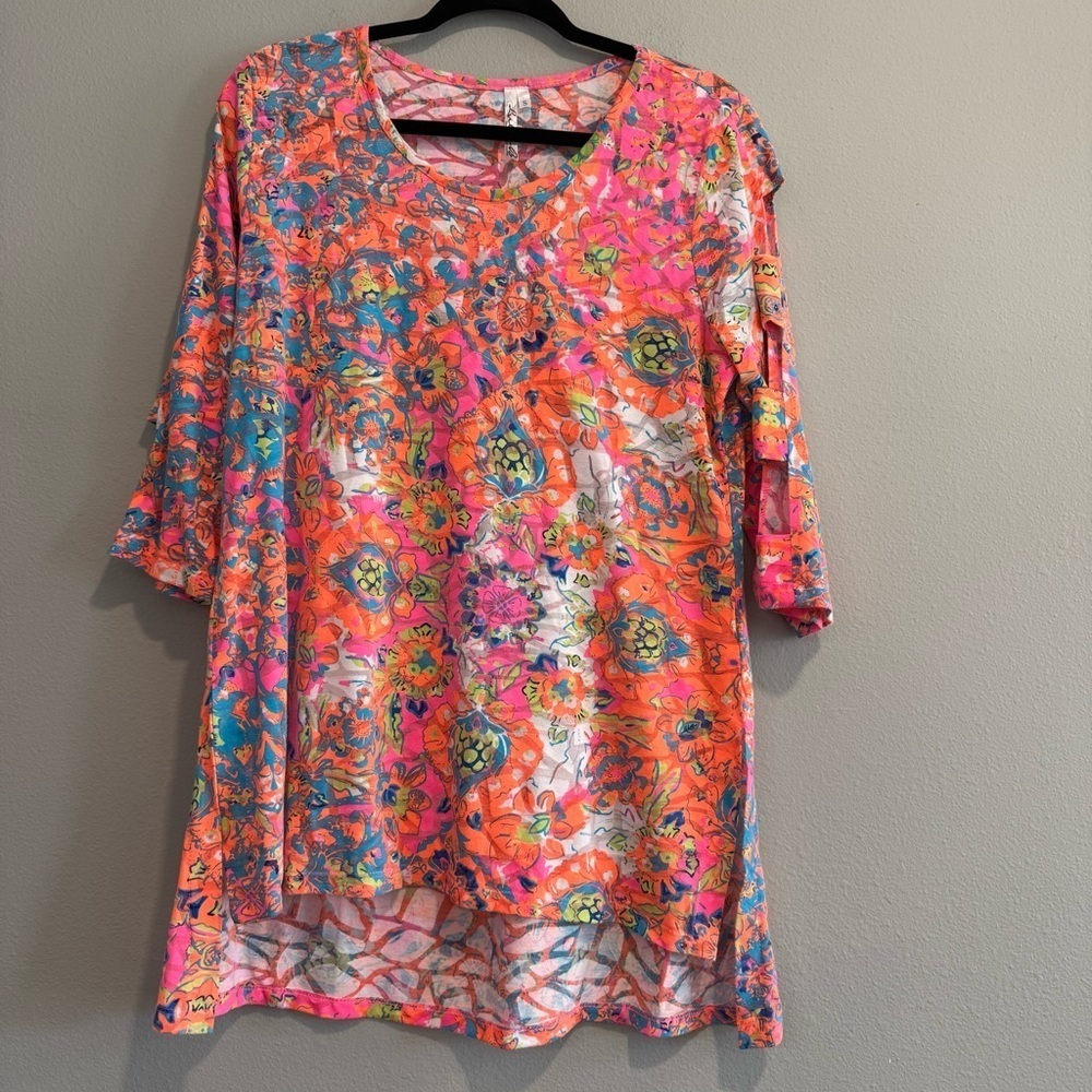 Lulu B Vibrant Floral Tunic Top 3/4 Sleeves Lightweight Relaxed Fit Beach S